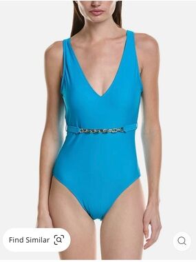 summersalt Turquoise V-Neck One-Piece Swimsuit with Gold Chain Belt